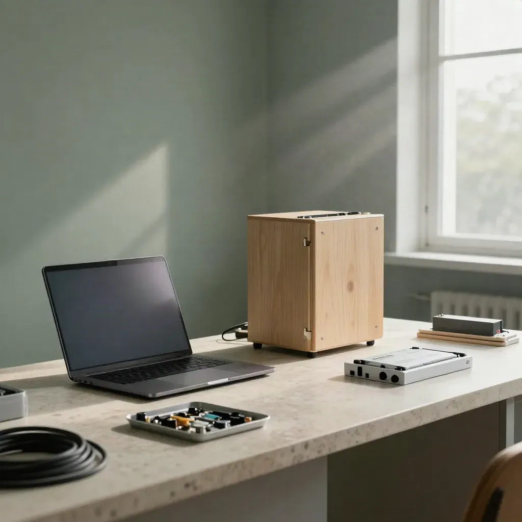 Laboratorio di ricondizionamento con laptop, batteria, elettrodomestico aperto e pannello restaurato.