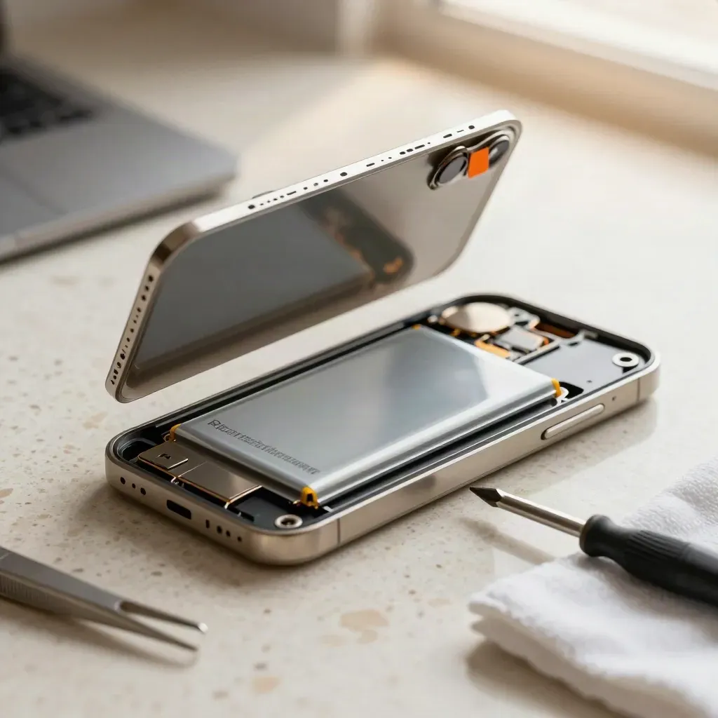 Smartphone aperto con batteria nuova quasi chiusa e cacciavite su banco in travertino.