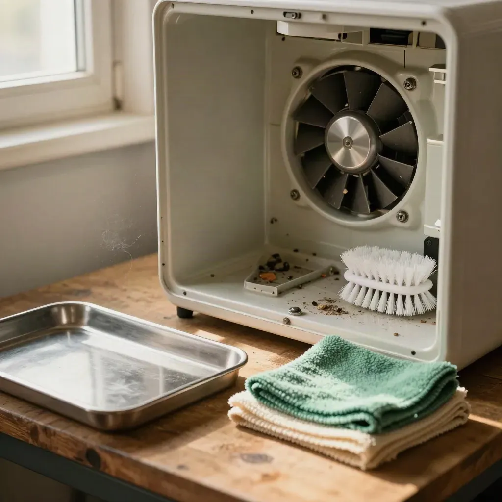 Interno pulito di un piccolo elettrodomestico con pennelli morbidi e panni in microfibra