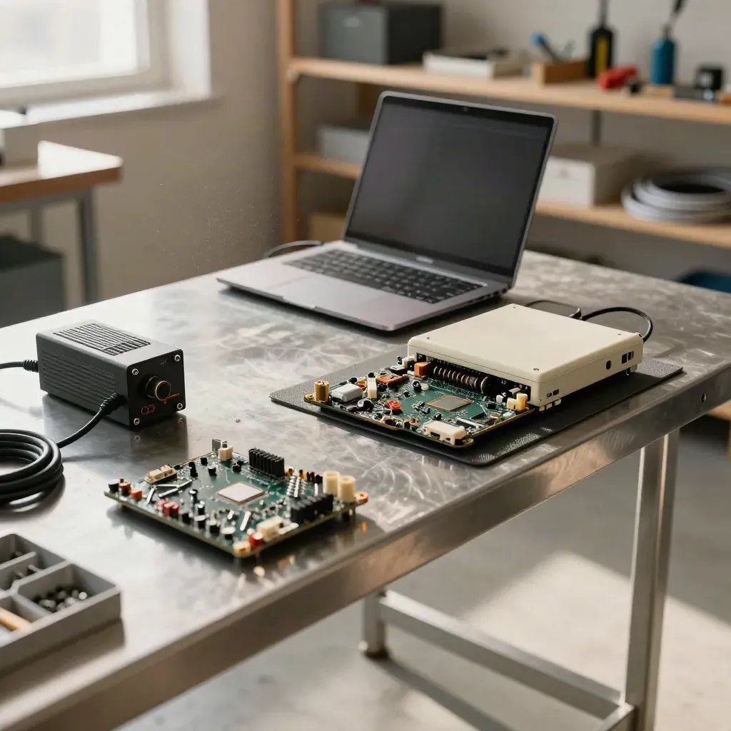 Banco diagnosi con laptop chiuso, scheda aperta e componenti di riparazione in officina luminosa.