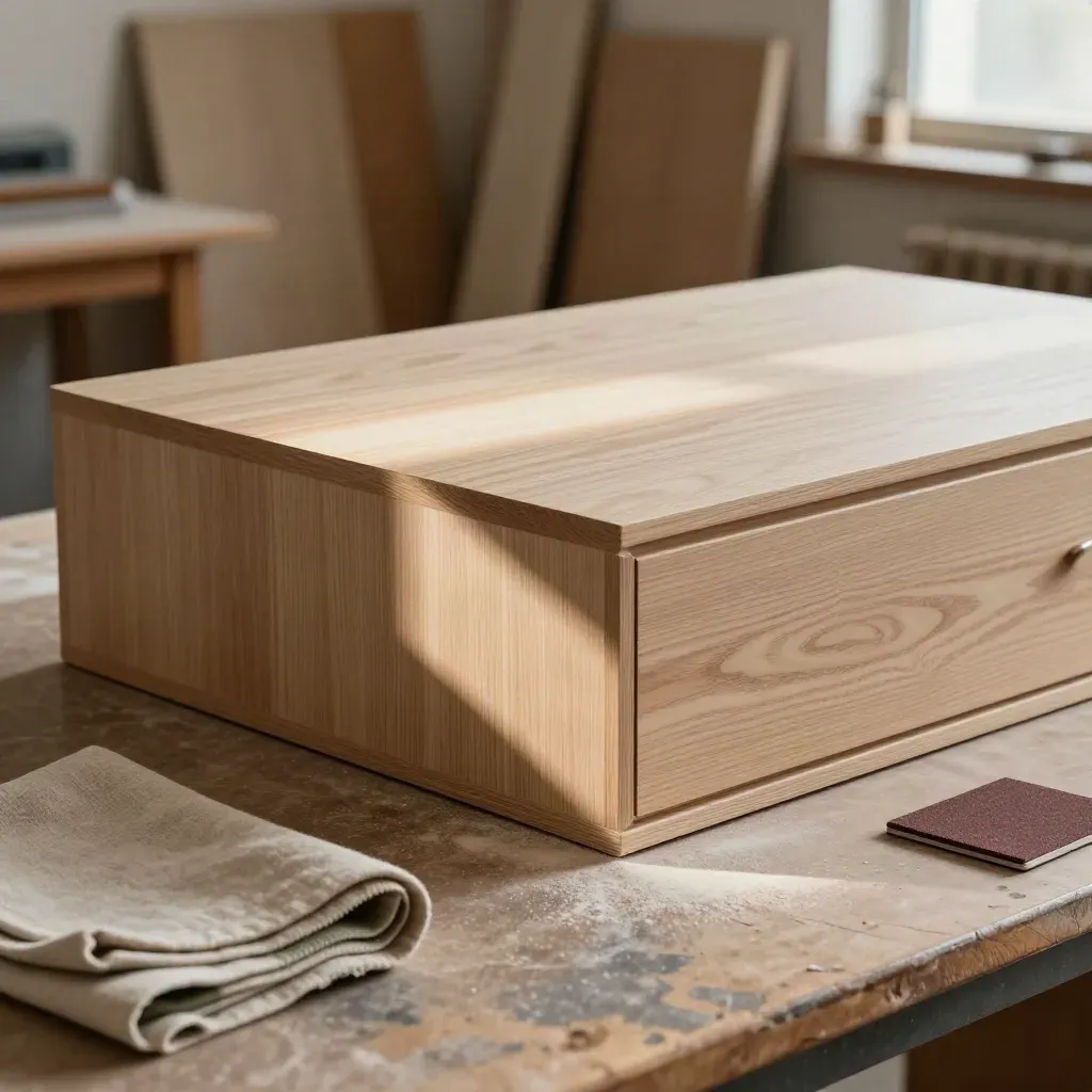 Mobile in legno restaurato con cera opaca, panni di finitura e campione su banco da lavoro.