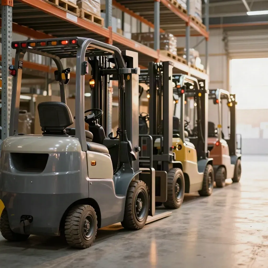 Cinque mini muletti lucidi in corsia logistica, pronti a tornare operativi sotto luce calda.