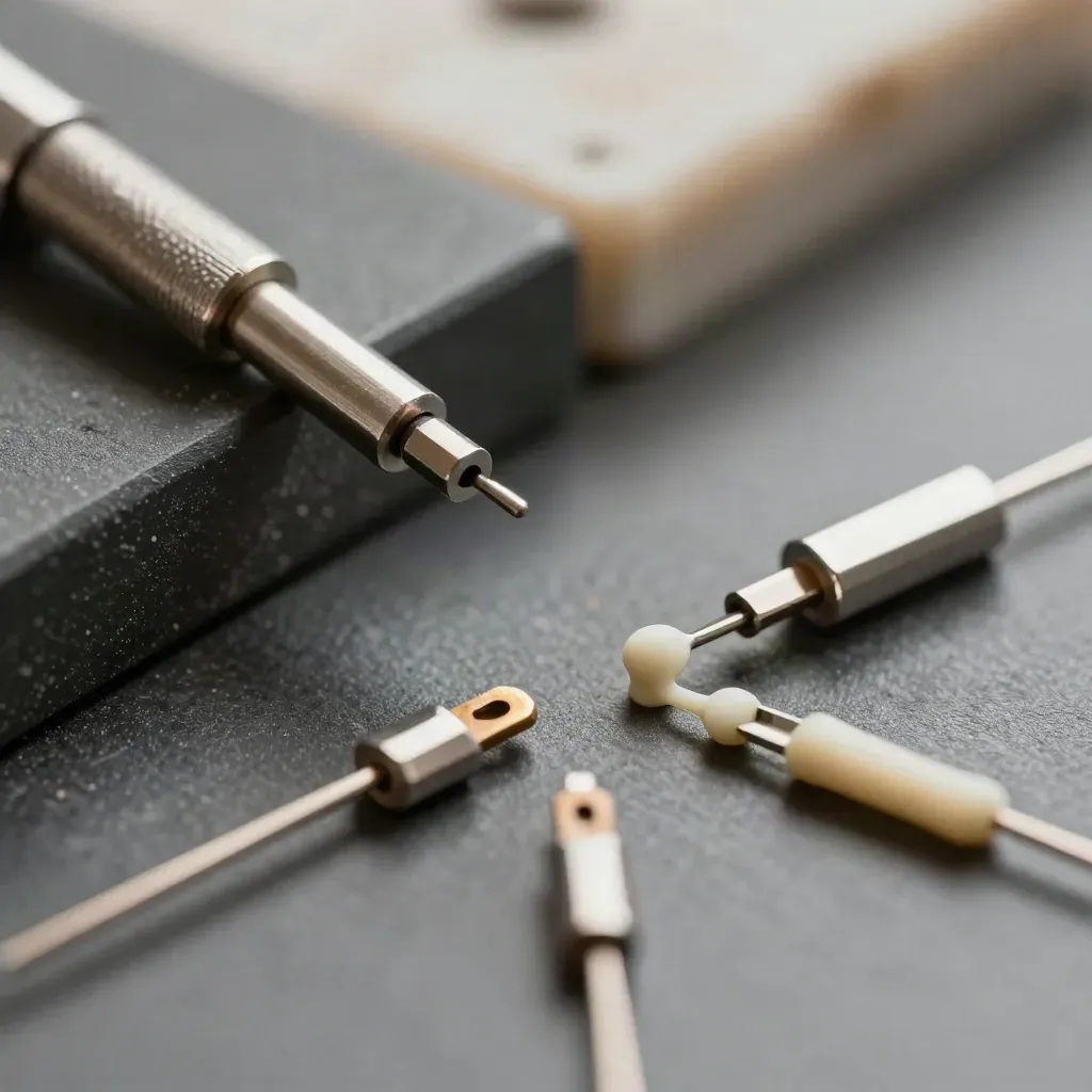 Sonde diagnostiche, fusibili miniatura e connettori su tappetino antistatico consumato, in macro radente.
