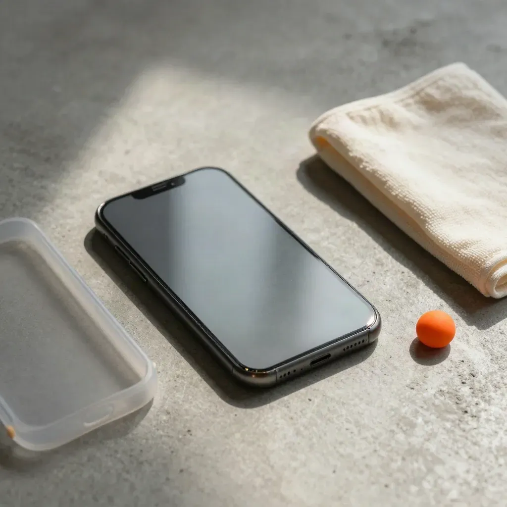 Smartphone usato con angolo scheggiato su cemento, con custodia trasparente e panno in microfibra