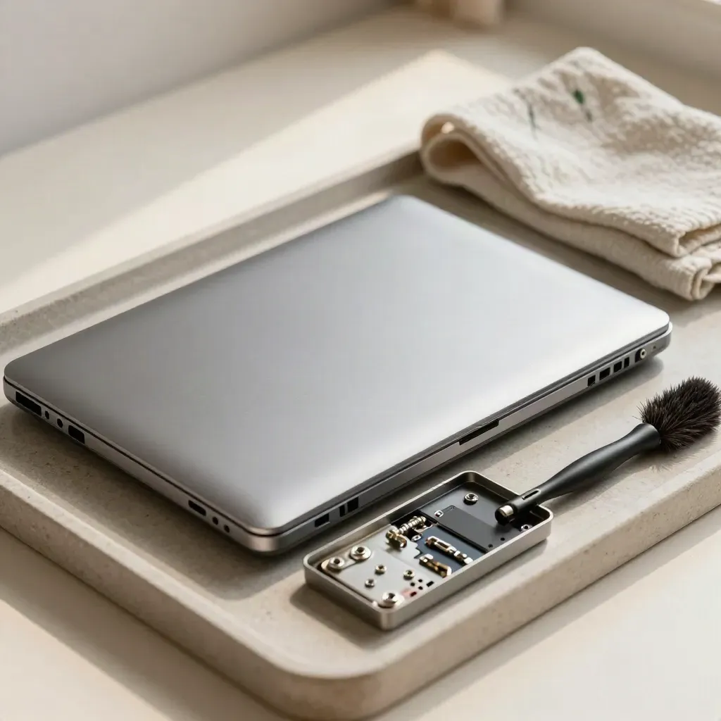 Guscio di laptop aperto, viti ordinate e pennello antistatico su vassoio di pietra.