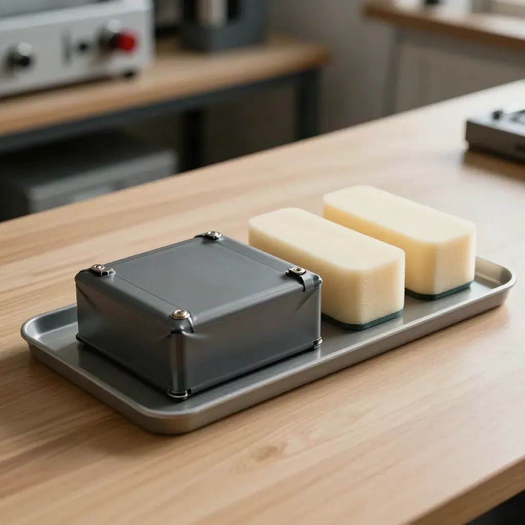Batteria nuova, spugne isolanti e cerniera di ricambio su vassoio tecnico in officina