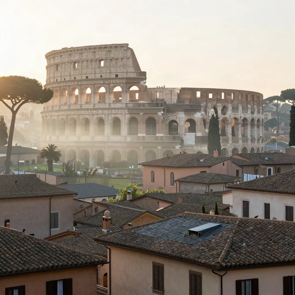 Il Colosseo e i pini di Roma sopra tetti in travertino avvolti nella foschia del mattino.