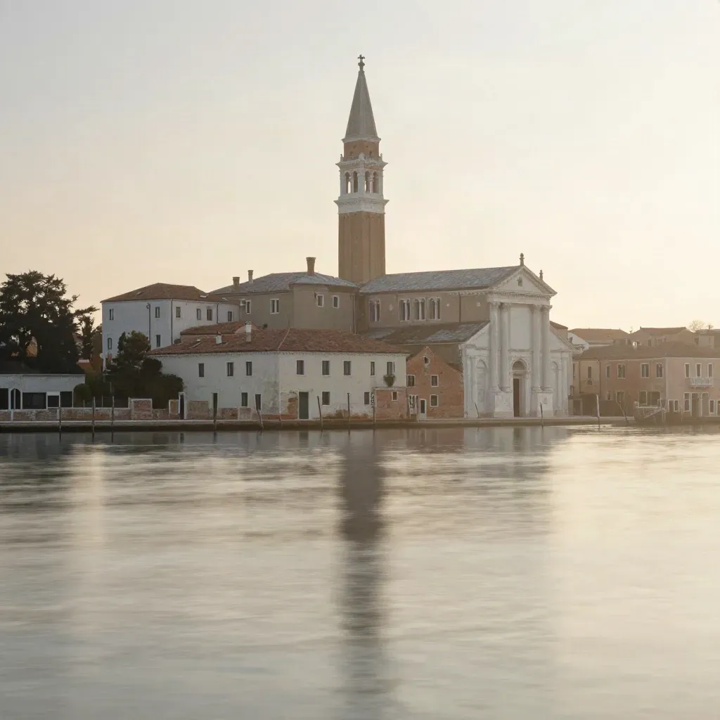 Venezia nella foschia con campanile lontano e acqua calma, luci calde al mattino