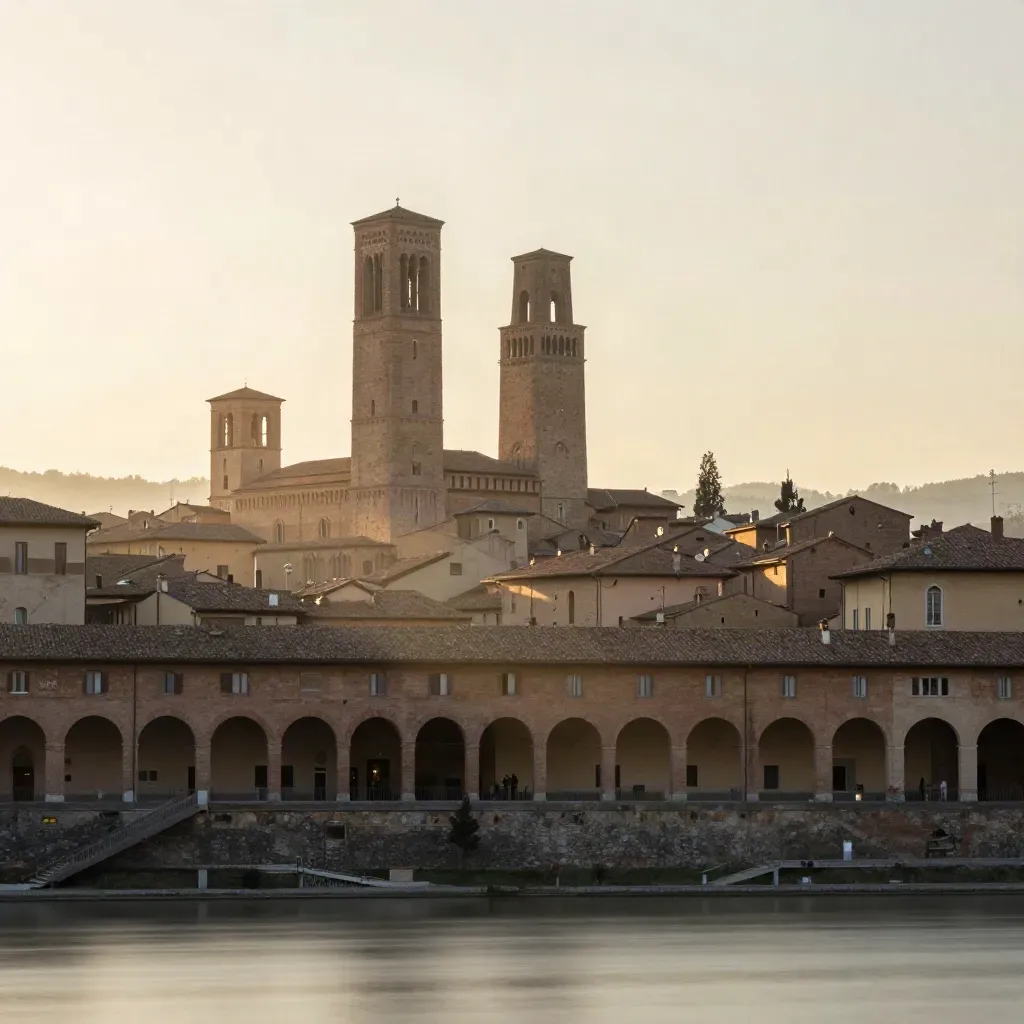 Bologna antica nella foschia, portici e torri sopra una città quieta.