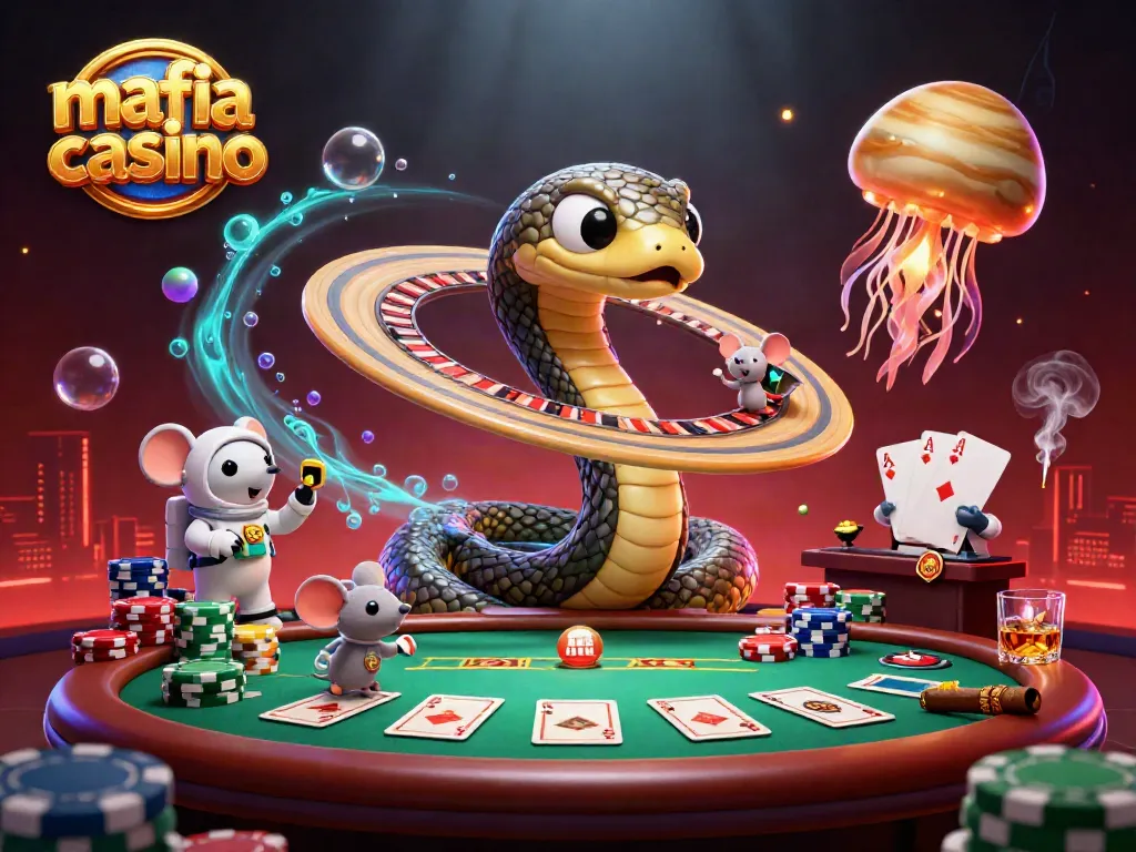 Engage in thrilling gameplay at mafia casino with cosmic dealer and playful astronaut mice betting.